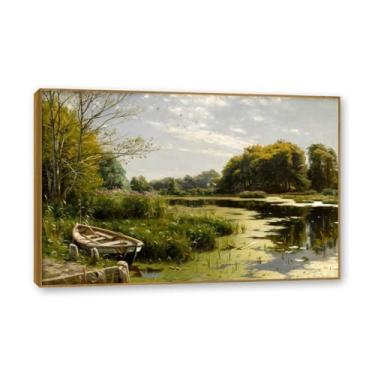 Imagem de NHLDZYH Moldura externa de teca. Famosas pinturas a óleo (paisagem 07) por Peder Mork Monsted, reprodução impressa em tela, arte de cenário para decoração de sala de estar. 70 x 105 cm - 27,6 x 41,4