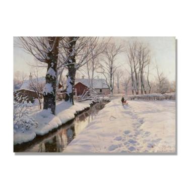 Imagem de NHLDZYH Pinturas a óleo famosas, (uma paisagem arborizada de inverno) por Peder Mork Monsted, reprodução impressa em tela, arte de cenário para decoração de sala de estar. Apenas tela de 80 x 112 cm