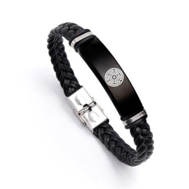 Imagem de KBNSUIAN Pulseira de couro Hekate Wheel Pagan Wheel of Hecate Magic Symbol Wiccan Goddness Bangle Blessing Jewelry for Unissex, 21 cm, Aço inoxidável Couro, aço inoxidável