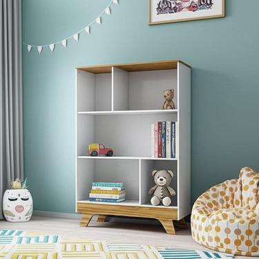 Imagem de Estante Infantil 5 Nichos 100% Mdf Retrô Branco Brilho/Amêndoa