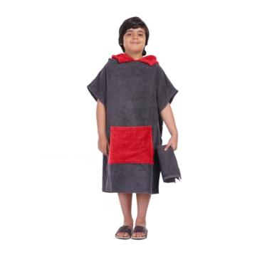 Imagem de ALLEN & MATE Roupão infantil para mudança de banho - Toalha poncho de praia 100% algodão felpudo de secagem rápida com capuz e bolso para meninos e meninas (6-9 anos, carvão/vermelho)