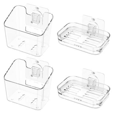 Imagem de 4 peças de suporte de chuveiro de plástico espesso, saboneteira e suporte de escova de dentes com orifício de drenagem para pia de casa de banho pequena