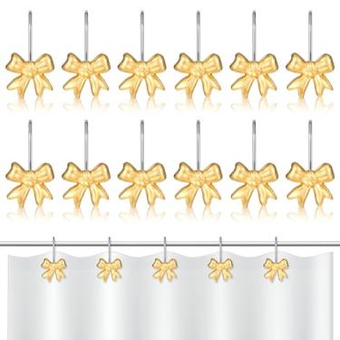 Imagem de YBEATY 12 ganchos de cortina de chuveiro com nó de laço dourado de metal à prova de ferrugem ganchos decorativos de resina a granel para banheiro quarto de bebê, decoração de arte de berçário (ouro)