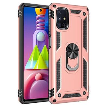 Imagem de SORAKA Capa para Samsung Galaxy M51 com suporte de anel capa protetora para Samsung Galaxy M51 capa traseira de policarbonato rígido com placa de metal para suporte magnético de telefone carro ouro