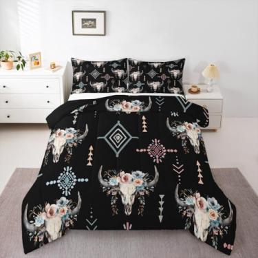 Imagem de Erosebridal Conjunto de edredom nativo asteca, tamanho casal, boêmio, boêmio, para adultos, homens, meninos, touro, caveira, tribal, sudoeste, boêmio, geométrico, preto, decoração de quarto