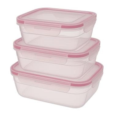 Imagem de Conjunto 3 Potes Herméticos Plástico Transparente com Tampa Rosa – Vedação Segura, Livre de BPA, Empilhável, Ideal para Geladeira e Freezer