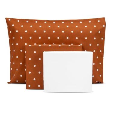 Imagem de Lençol Solteiro 3 pçs Algodão Percal Estampado180 fios (Poá Terracota/Branco)