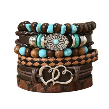Imagem de Dreuyet Pulseiras ocidentais para mulheres e homens, vintage, boêmia, empilhável, turquesa, miçangas, pulseira elástica rústica com pingente de cabeça de vaca, joia de caubói country, Adjustable