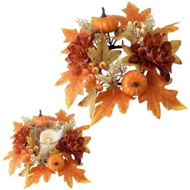 Imagem de Suporte de vela de outono de Ação de Graças, bagas de abóbora, folhas de bordo, flores de dália, guirlanda de vela para outono, casamento, colheita, mesa, centro de mesa, suprimentos de decoração