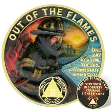 Imagem de Leafence Moeda de sobriedade AA bombeiro Out of the Flames Recovery Token Alcoólicos Anônimos Moedas AA e medalhões One Day at a Time Sobriety Chip Sober Coin (Moeda de Sobriedade de Bombeiro, 2 anos)