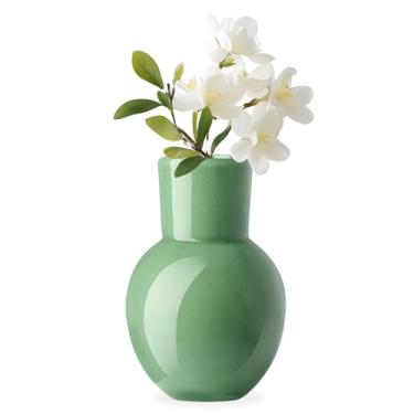 Imagem de Torre & Tagus Vaso de vidro soprado com boca de 15 cm para flores – Vaso de mesa pequeno verde opaco e pequeno detalhe verde feito à mão para decoração de casa Boho, vasos de botão neutro como