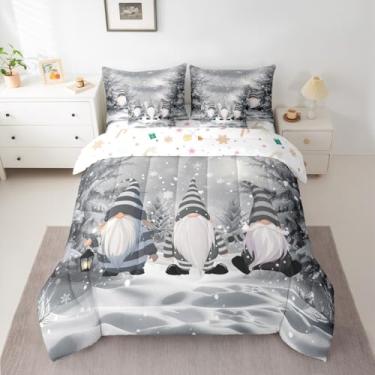 Imagem de Conjunto de cama casal de 7 peças, anão de Natal, Feliz Natal, conjunto de edredom com lençóis, fronhas e capa de almofada, para meninos e meninas, floco de neve, em uma bolsa, respirável, microfibra