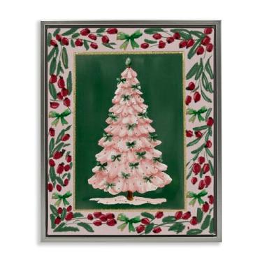 Imagem de Stupell Industries Arte de parede em tela flutuante com borda botânica de árvore de Natal rosa, design por Yen, 53 x 43 cm