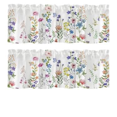 Imagem de Pacote com 2 sanefas botânicas flores silvestres para cozinha, tratamentos de janela, cortinas blecaute de flores, cortina curta ajustável para cozinha sobre a pia, bolso para varão, quarto, cortinas