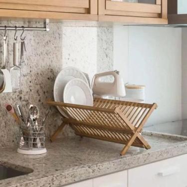 Imagem de Escorredor Pratos Dobrável Bambu Colher Louça Rack Organização Cozinha