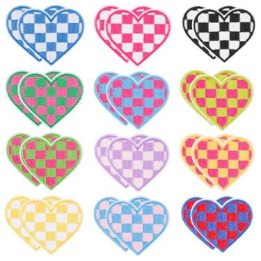 Imagem de 24 peças de adesivos de coração de ferro, 12 cores para o dia das corridas, bordados, apliques costurados, clássicos, quadriculados, decorativos, para roupas, chapéus, jeans, artesanato