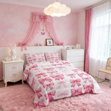 Imagem de Conjunto de edredom infantil com laço, tamanho Queen, estilo princesa sonhadora, decoração de quarto de meninas e meninos, adorável fantasia moderna, conjunto de edredom rosa e branco, 2 fronhas