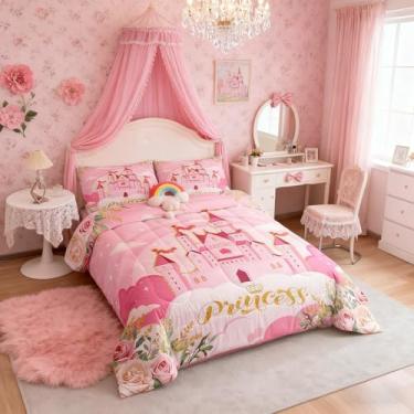 Imagem de Jogo de cama infantil de princesa, castelo rosa, sonhador, decoração de quarto de crianças, jardim de flores, tema de conto de fadas, cobertor fofo, presente para meninas