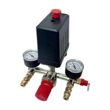 Imagem de Baoblaze Válvula de interruptor de pressão do compressor de ar com medidor de exibição, regulador de tensão de metal 90-125 PSI, acessório de controle de