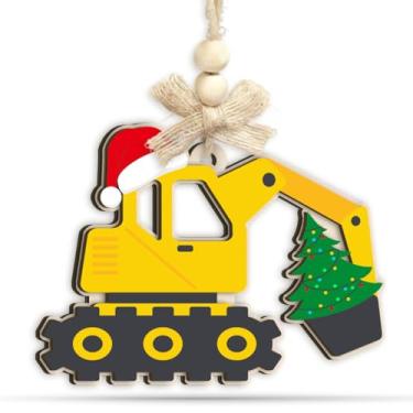 Imagem de KILYHOME Enfeite de Natal de escavadeira – Enfeites engraçados de caminhão de construção, madeira de 2 camadas - escavadeira com decoração de chapéu de Papai Noel, para crianças, meninos, construtores