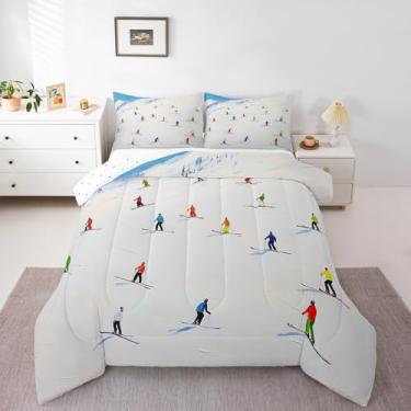 Imagem de Erosebridal Conjunto de edredom Queen com arte de esqui, cenário de inverno, para amantes de esportes ao ar livre, abstrato, inverno, neve, vintage, esqui, snowboard, decoração de quarto, cenário de