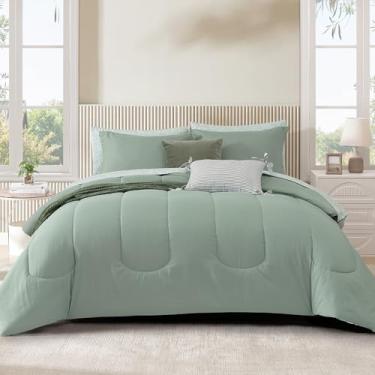 Imagem de Monbix Conjunto de edredom King Size – 7 peças, cama em uma bolsa, conjunto de cama king size, verde sálvia, conjunto de cama alternativo para todas as estações, com lençóis, fronhas e fronhas