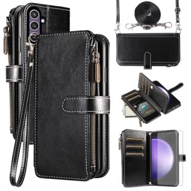 Imagem de Asuwish Capa de celular para Samsung Galaxy S23 FE 5G com protetor de tela de vidro temperado e cordão com zíper, porta-cartões, suporte, acessórios para celular S 23 EF S23FE 23S feminino masculino
