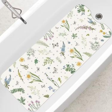Imagem de SHUCHING Tapete de banheira Leaf para adultos, antiderrapante, 101 x 40 cm, tapete de chuveiro extra longo, antiderrapante, livre de molde para banheiro, lavável na máquina, plantas