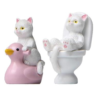 Imagem de Kopida 2 peças de ornamentos de animais fofos sentados no banheiro fechado modelo de PVC gato miniatura rosa sentado animal modelo gato pato gato pequena estátua artesanato figura decoração de casa
