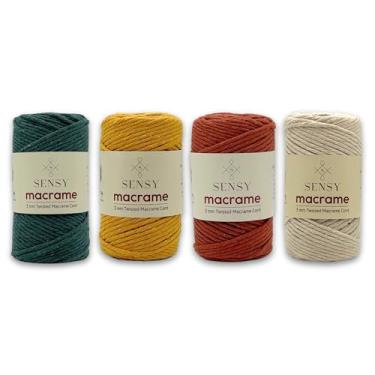 Imagem de 4 novelos de cordão de macramê sensy premium de 3 mm, 100% algodão reciclado, fio único torcido, corda de macramê, fio de algodão de macramê, fio de macramê (verde floresta, mostarda, tijolo, cru)