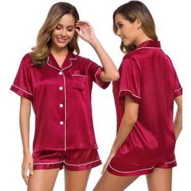 Imagem de Conjunto de pijamas feminino SWOMOG, seda, cetim, duas peças, vermelho
