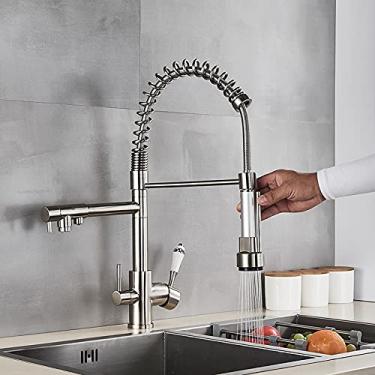 Imagem de RAUGAJ Torneira de níquel escovado torneira de cozinha filtro purificação torneiras de cozinha bico duplo Sppull down torneira misturadora de água quente e fria/níquel escovado Typea