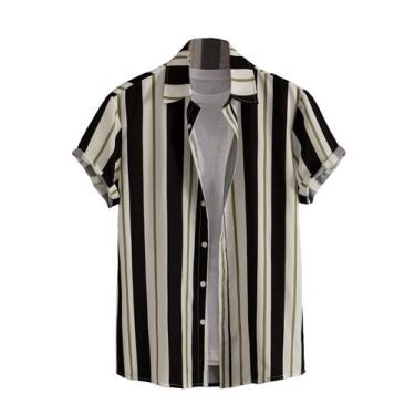 Imagem de Camisa masculina COZYEASE de manga curta com botões preta/bege