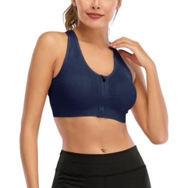 Imagem de Sutiã esportivo FLORATA Zip Front sem fio após cirurgia azul marinho