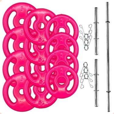 Imagem de Kit Anilhas Emborrachadas Rosa 40 Kg + Barras com Presilhas - BOX INGÁ