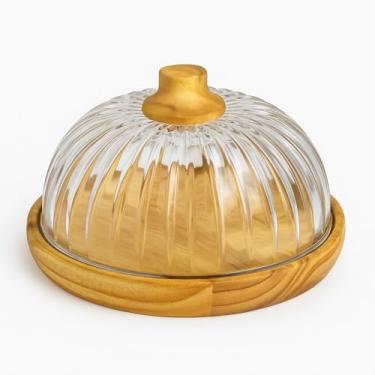 Imagem de Queijeira de Vidro com Base em Madeira Porta Queijos e Frios 19cm Listrada