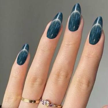 Imagem de Conjunto de unhas postiças em forma de amêndoa com efeito olho de gato com cola, comprimento médio, glitter (azul brilhante fluorescente, F)
