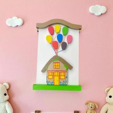 Imagem de Quadro Decorativo Em Madeira, Casa com Balões Coloridos, Estilo Up Altas Aventuras, para Quarto Infantil, Decoração Artesanal Delicada