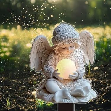 Imagem de Anjo de oração com globo de lua brilhante para jardim - Decoração externa de acrílico plano 2D para gramados, perfeita para o Natal, Dia dos Namorados, decorações boêmias