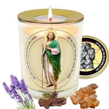 Imagem de Vela perfumada St. Judas Frankincense Myrth Lavender 50 horas com anel mais quente │Cera de soja derramada à mão │Atrai dinheiro, benção, cura doenças, corrige notas│Design em Paris │7 cm × 3,15 cm