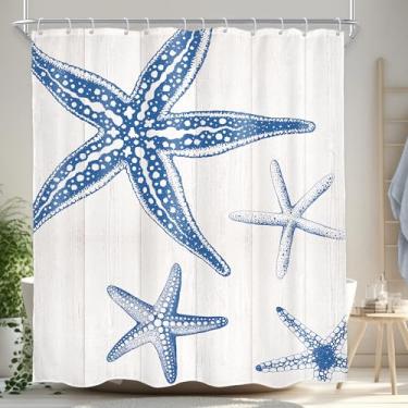 Imagem de AMBZEK Beachy Cortina de Chuveiro Estrela-do-mar Azul Marinho 152 Litoral Rústico Casa de Fazenda Náutico Oceano Mar Madeira Vintage Tecido Tecido Impermeável Poliéster Decoração de Banheiro Conjunto