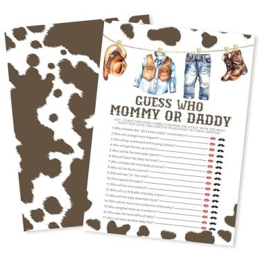 Imagem de Kit de jogos de chá de bebê - Mommy Or Daddy - Pacote com 50 cartas de jogo com tema de caubói para meninos - Decoração de chá de bebê, anúncio de material de festa de revelação de gênero - F06