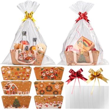 Imagem de Eaasty Pacote com 24 cestas de Natal para presentes vazias 24 x 16 x 11 cm, kit de cesta de presente vazia Kraft com alça de embrulho, laço, bandeja de mercado resistente para encher como lembrancinha