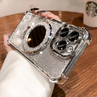 Imagem de Capa brilhante com glitter para iPhone 17/16/15/14/13/12/11 e Pro/Pro Max – fina, à prova de choque e antiarranhões com espelho e suporte de suporte – Elegante e protetora, ideal para uso diário