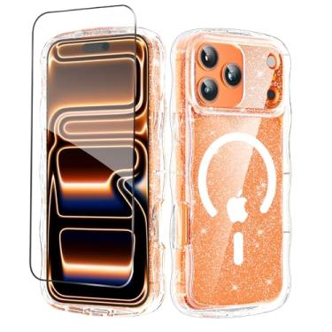 Imagem de MIODIK Capa para iPhone 17 Pro + protetor de tela, [compatível com MagSafe] Design de onda brilhante transparente para mulheres e meninas, capa de celular com proteção de câmera atualizada para iPhone