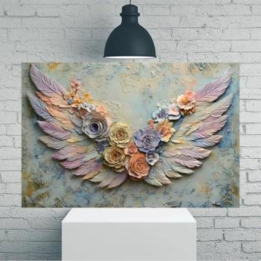 Imagem de Arte de parede em tela rústica vintage com asas de anjo pastel com flores - Pôster sem moldura de 30 x 45 cm - Ideia de presente para decoração de casa e escritório para sala de estar, quarto, cozinha