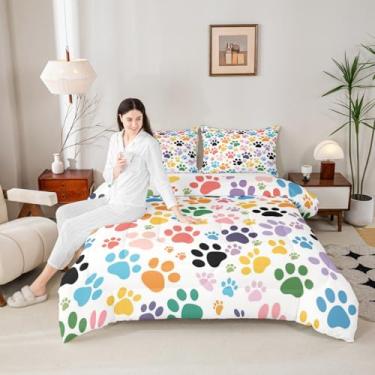 Imagem de Castle Fairy Conjunto de edredom infantil colorido com pata de cachorro, tamanho Queen, para amantes de cachorros, com estampa de animal de estimação fofo, 3 peças, conjunto de colcha adorável com 2