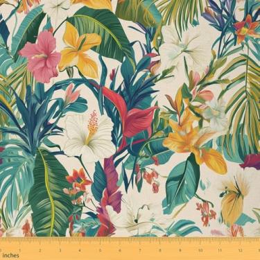 Imagem de Flores botânicas à prova d'água tecido decorativo por jarda, planta colorida tropical interior exterior tecido estofado, folhas de palmeira verde costura DIY estofamento, 2 metros, 182,9 cm C x 149,9