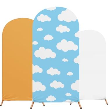 Imagem de RimCereal Conjunto de 3 capas de pano de fundo de arco de caixa de casamento, céu azul e nuvem branca, suporte de pano de fundo de elastano 1,2 m, 1,5 m, 1,8 m para decoração de cerimônias de