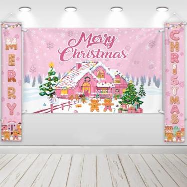 Imagem de AIBIIN 3 peças de decoração de banner de pão-de-gengibre rosa para varanda de Natal, suprimentos de Feliz Natal rosa, casa de gengibre, doces, porta da frente, decoração de banner, para decoração de